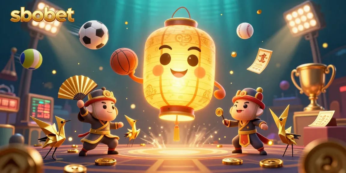 Experience sbobet sports action with a magical golden lantern spirit, dynamic sports balls, and betting excitement.