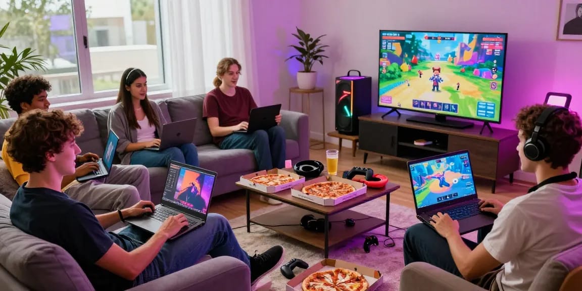 Play porn games with friends in a vibrant living room gaming setup during a fun, casual night.