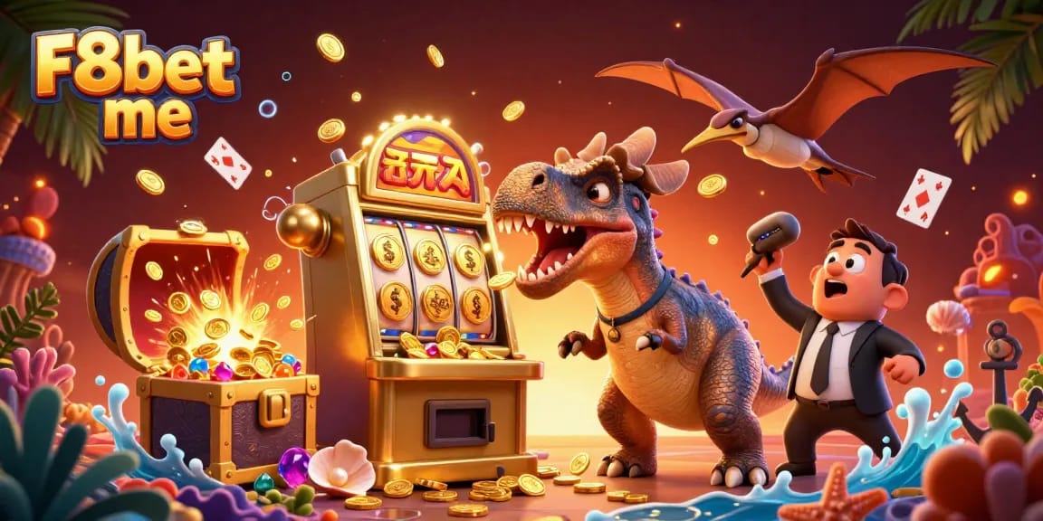 Experience the thrill of F8bet me as a dinosaur wins big at the casino with jackpot coins raining down.