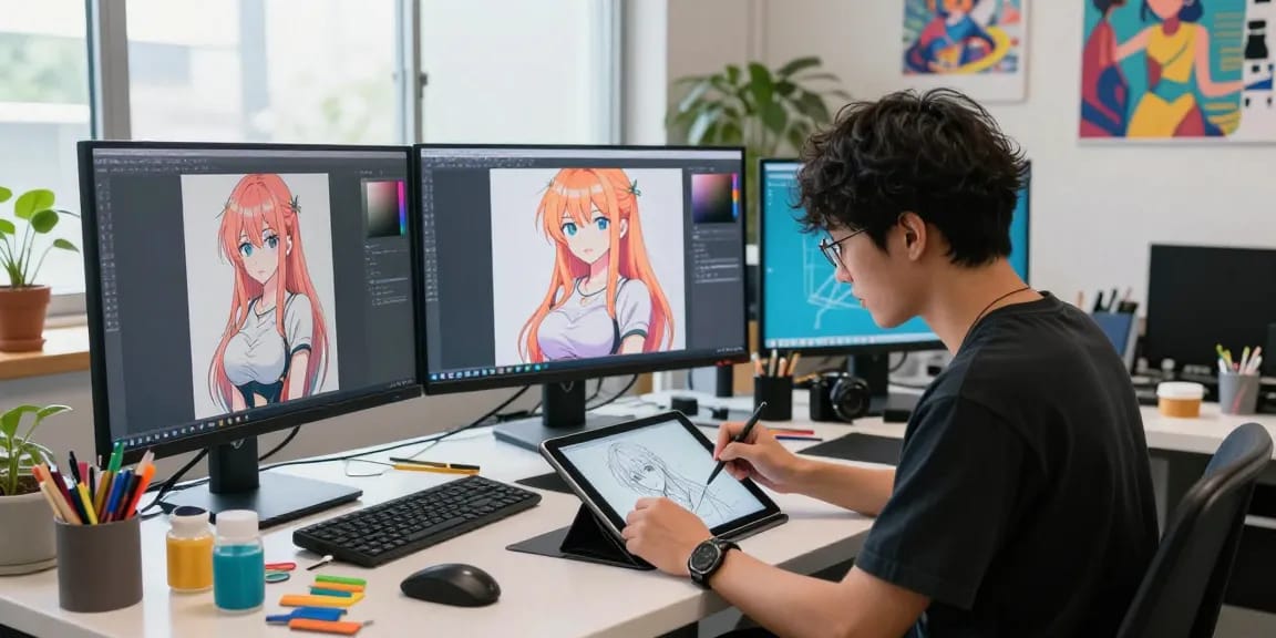 Creating stunning ai ecchi art in an inspiring anime studio environment with vibrant colors and digital screens.