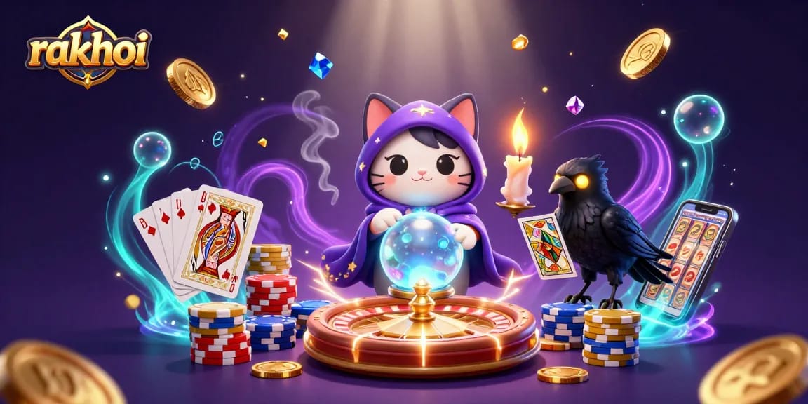 Experience the thrill of rakhoi with a mystic cat fortune teller and a glowing-eyed tarot raven amidst dazzling casino elements.