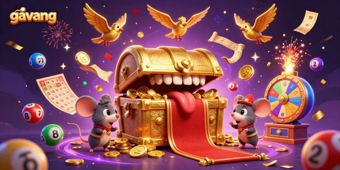 Join the gavang excitement with dynamic lottery elements and a lively treasure chest scene.
