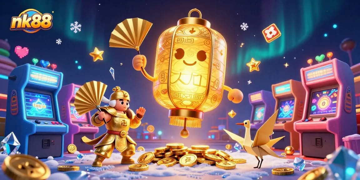 Play exciting games at nk88's vibrant casino, featuring dynamic golden lantern spirits and arcade elements.