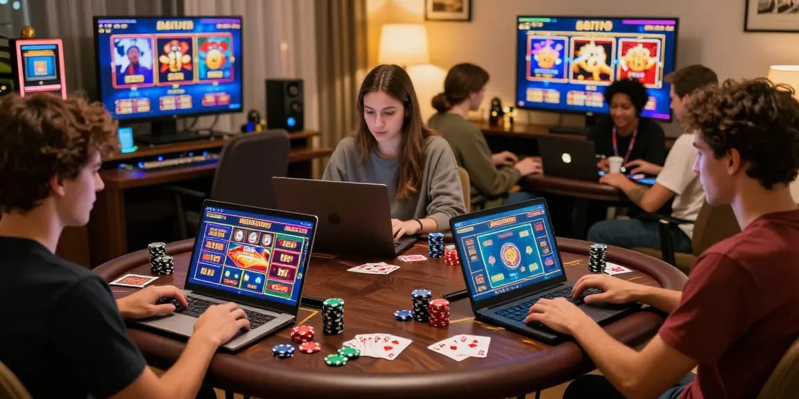 Players enjoying engaging games on the E28 online casino platform in a vibrant home setting.