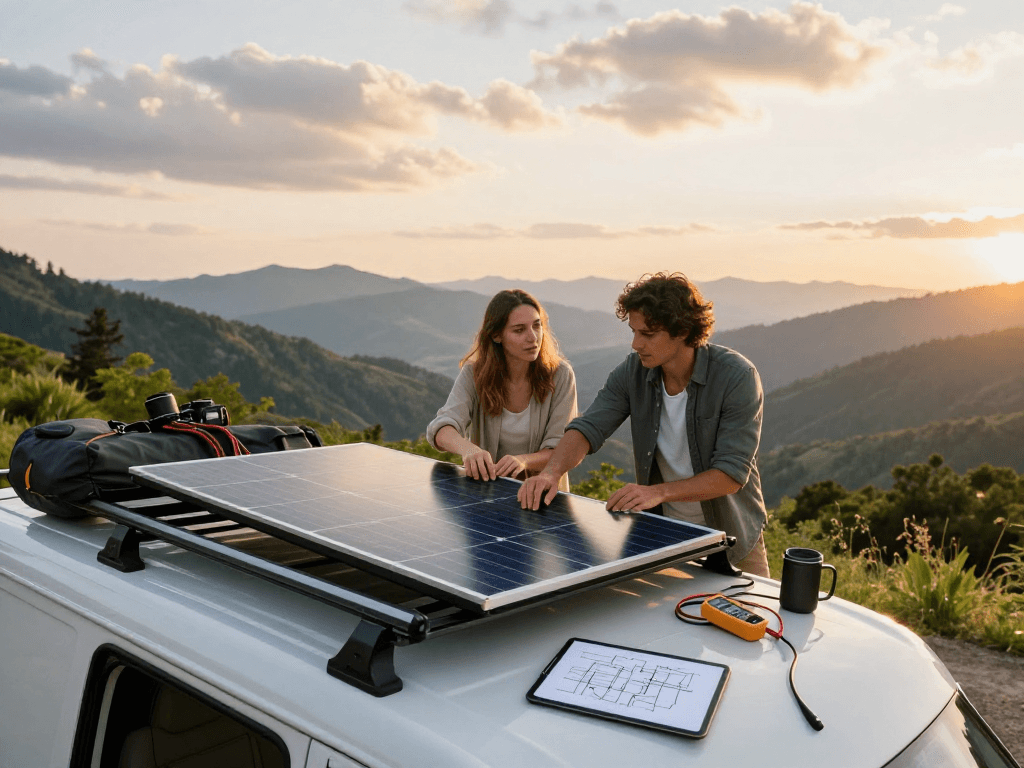 Couple enjoying van life while installing solar panels, capturing the essence of rokok88 login adventure.