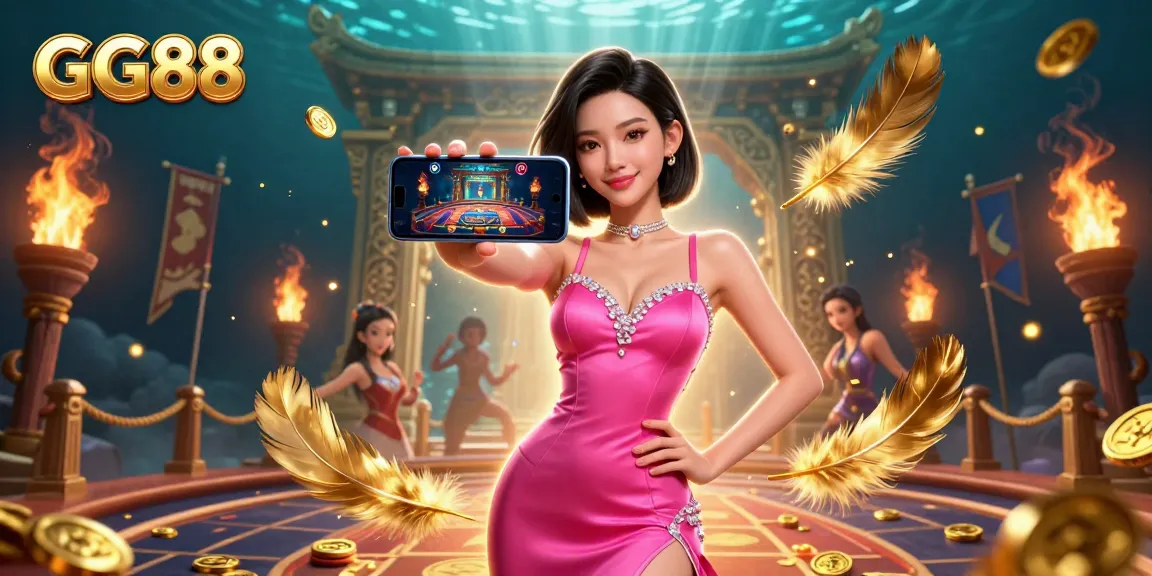 Experience the thrill of GG88 with a dynamic casino scene featuring a stunning Asian woman engaging in live dealer games.