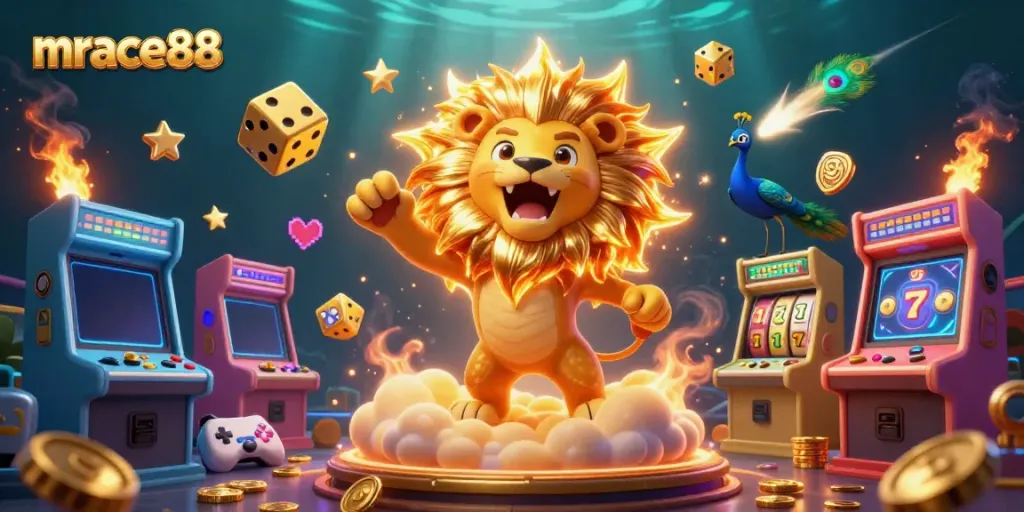Experience exciting gaming action with mrace88, featuring golden characters and casino elements.