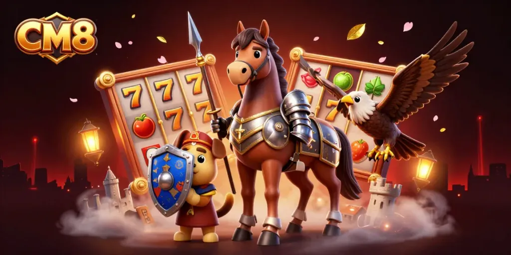 Experience thrilling slots action with CM8 in a vibrant 3D casino illustration featuring knights and treasures.