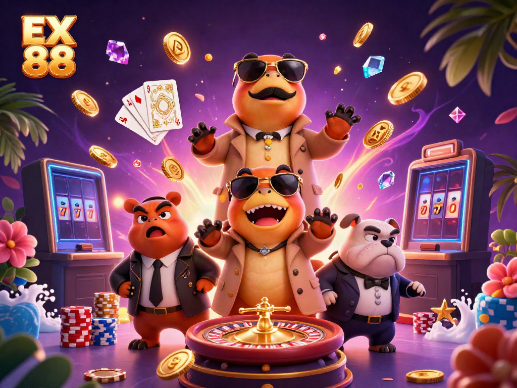 Engaging scene of EX 88 characters entering VIP lounge, vibrant casino atmosphere.
