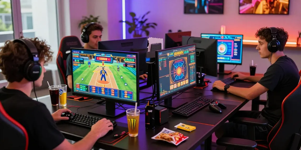 Engaged gamers discuss strategies at their online gaming setup showcasing https://xx88.se.net/ with vibrant screens.