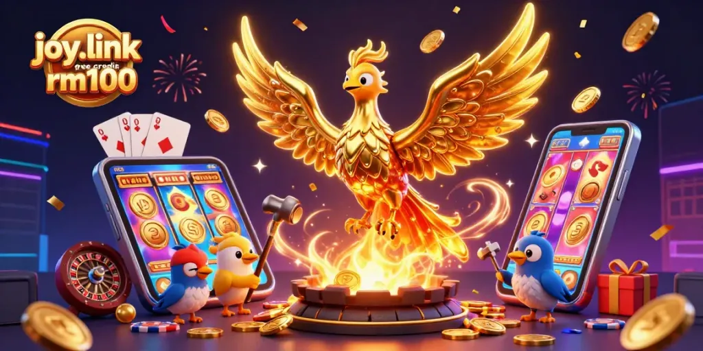 Activate your luck with joy.link free credit rm100 in a vibrant casino illustration.
