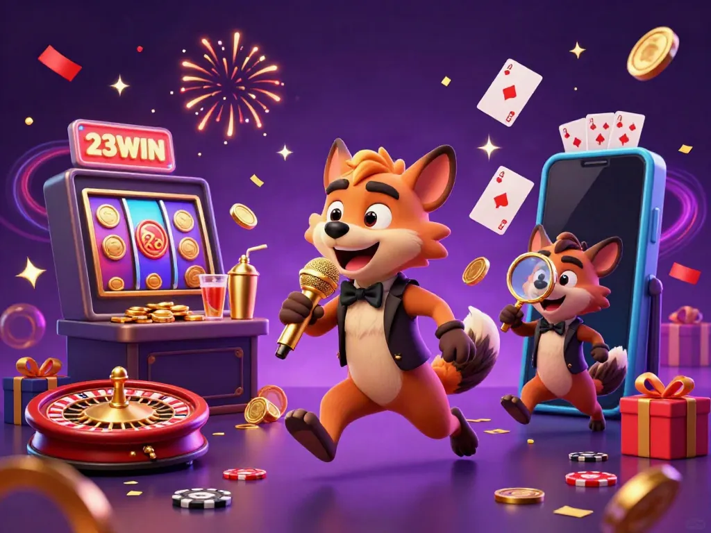 Engaging 3D scene featuring hyenas in a comedy casino, celebrating 23WIN with vibrant gaming elements.