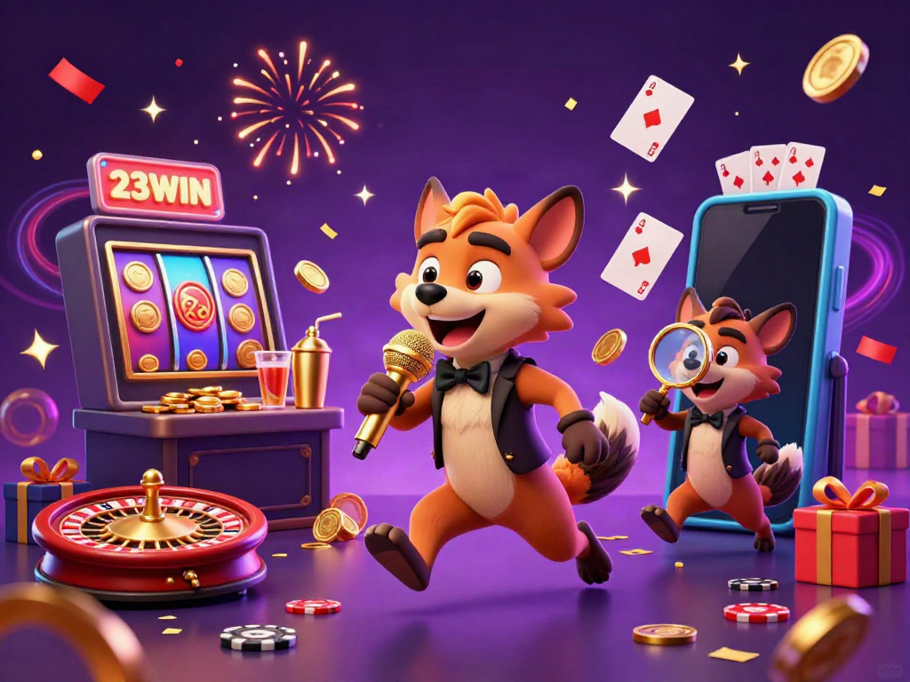 Engaging 3D scene featuring hyenas in a comedy casino, celebrating 23WIN with vibrant gaming elements.