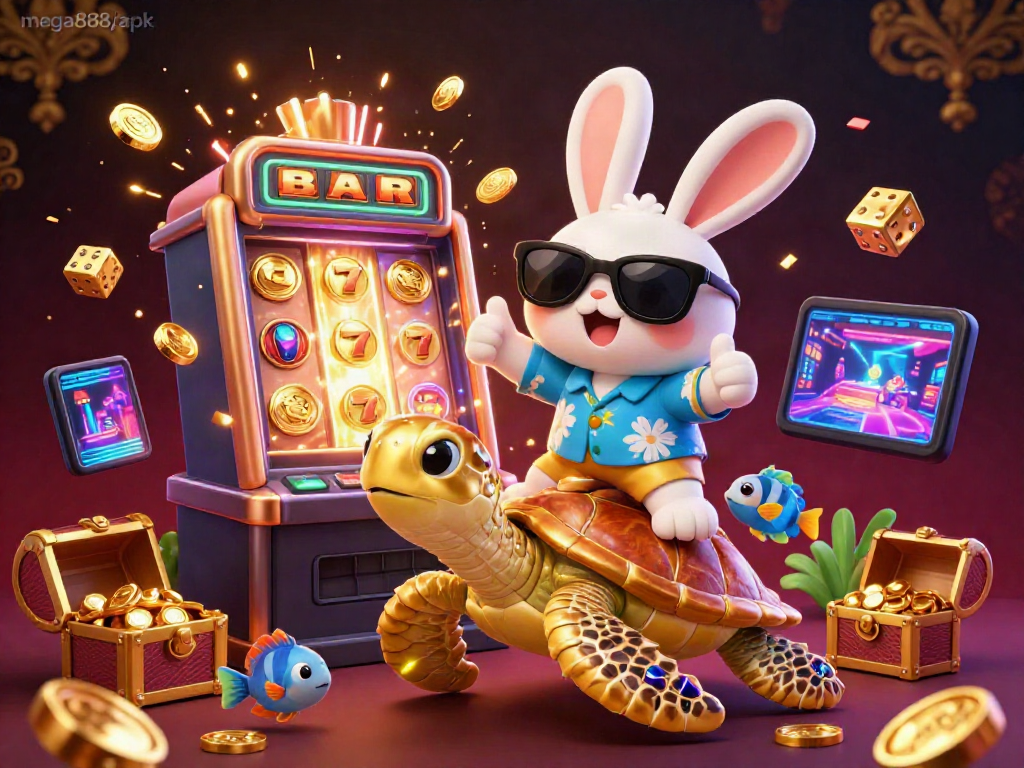 Play exciting games on mega888-apk with a jackpot explosion in a vibrant 3D casino scene.