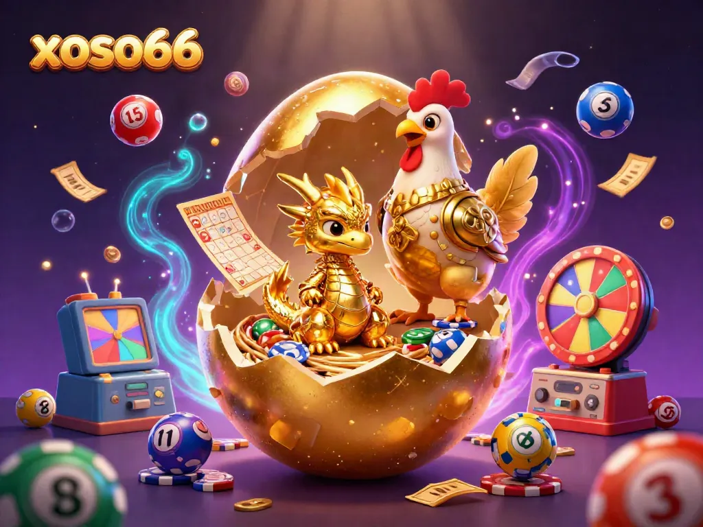 Experience the thrill of xoso66 with a golden baby dragon and poker chips in vibrant gaming fun.