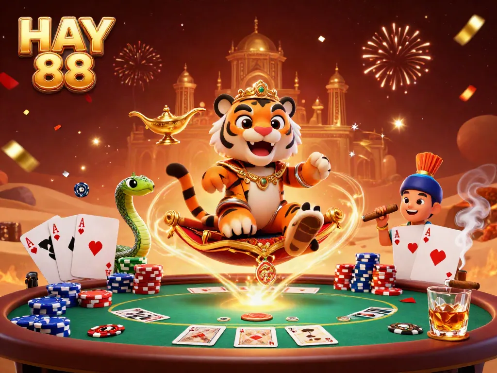 Experience the excitement of HAY 88 with a vibrant illustration of a casino adventure featuring unique 3D characters and rich gaming elements.