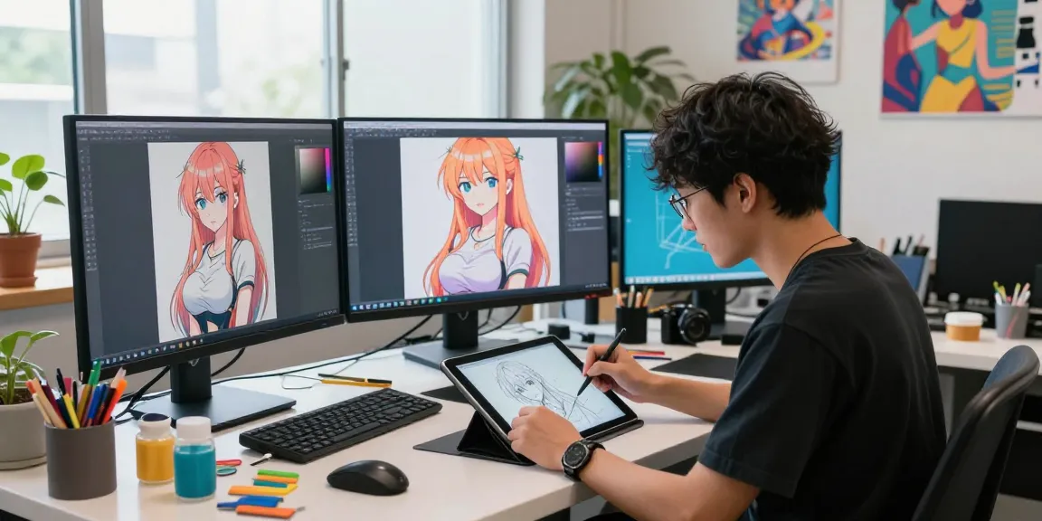 Creating stunning ai ecchi art in an inspiring anime studio environment with vibrant colors and digital screens.