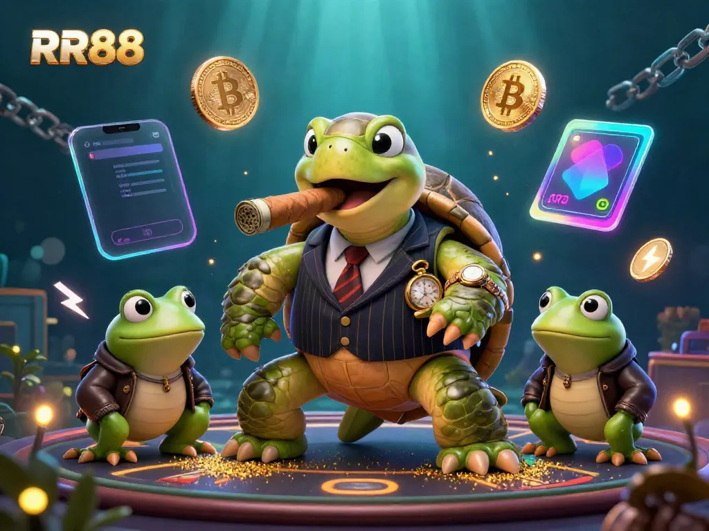 RR88 casino scene featuring a snapping turtle mobster and bullfrog enforcers, showcasing vibrant gaming elements.