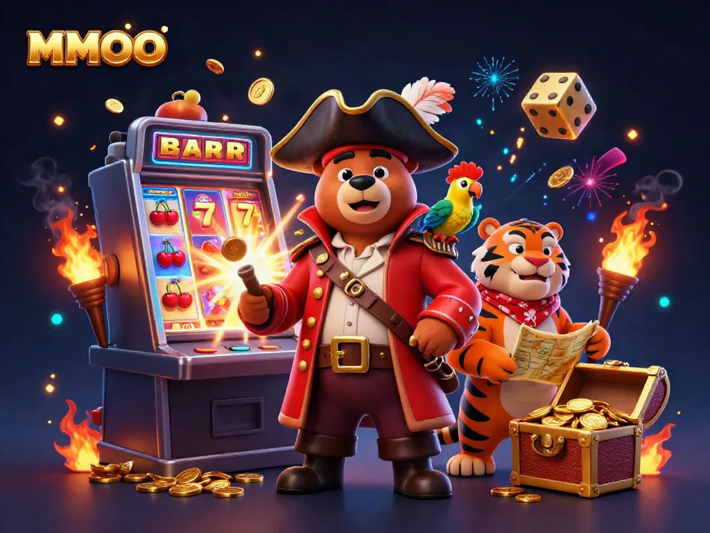 Engage in a thrilling gaming experience with MMOO's vibrant slot machines and animated pirate scene.