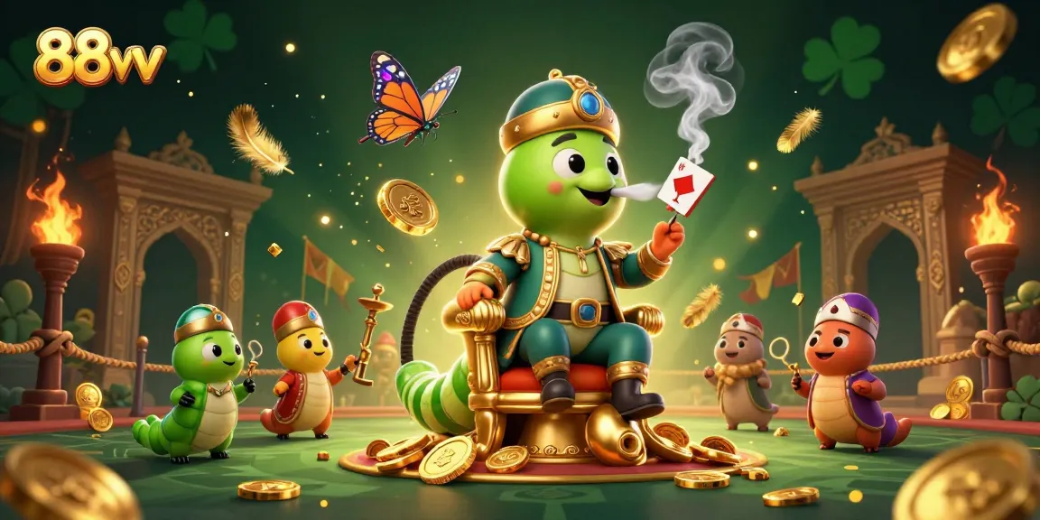 Caterpillar hookah master of 88vv creates smoke rings as poker symbols amidst a vibrant casino scene.