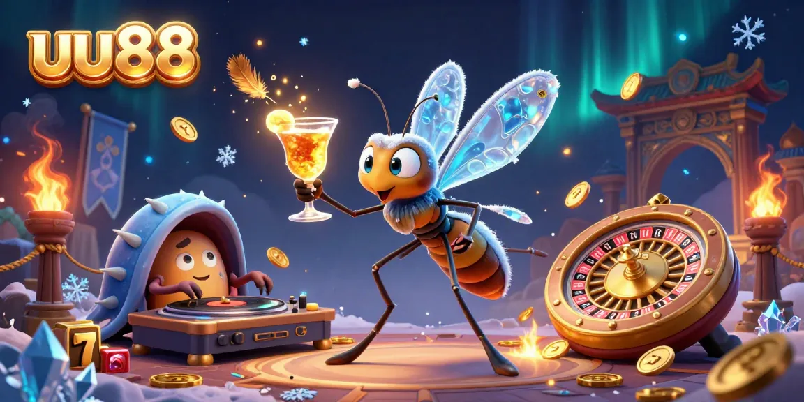 Experience thrilling wins at uu88 with a vibrant online casino scene featuring a lively mascot and golden roulette wheel.