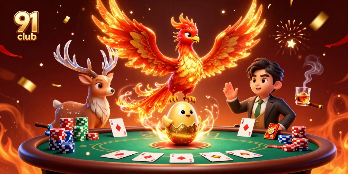 Engaging scene of 91 club with phoenix and stag amidst poker elements and celebratory effects