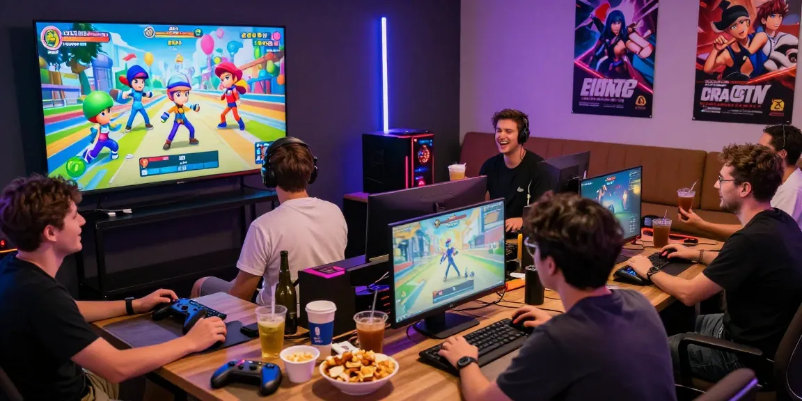 Group of friends playing interactive hentaigame in a vibrant lounge.