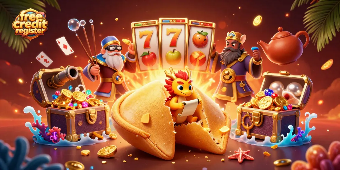 Play with free credit register bonuses in this vibrant casino-themed illustration.