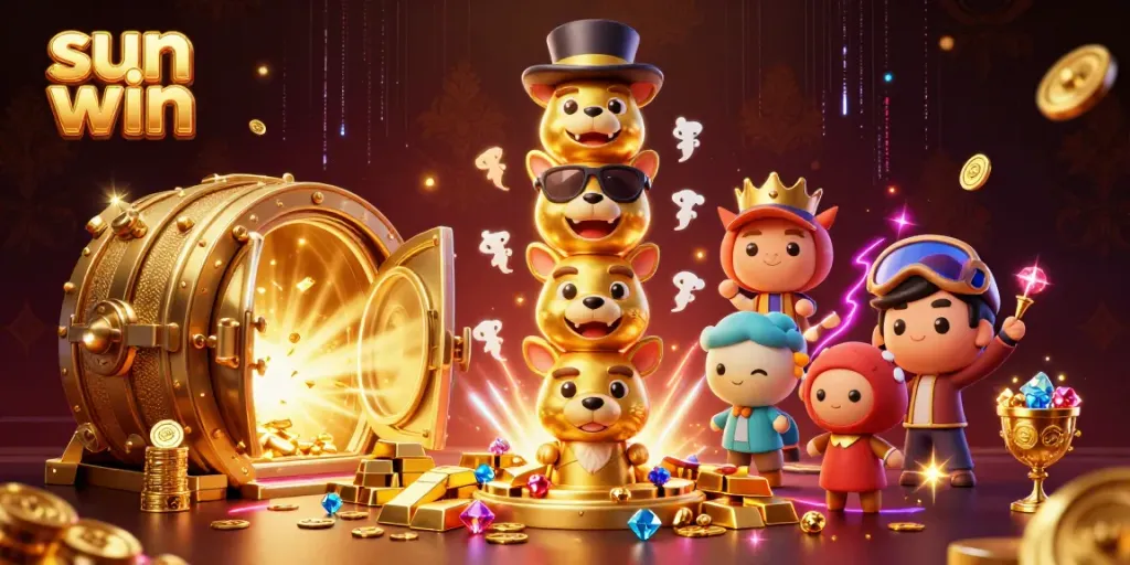 Experience the thrill of sun win with an engaging casino scene featuring golden treasures and animated totem creatures.