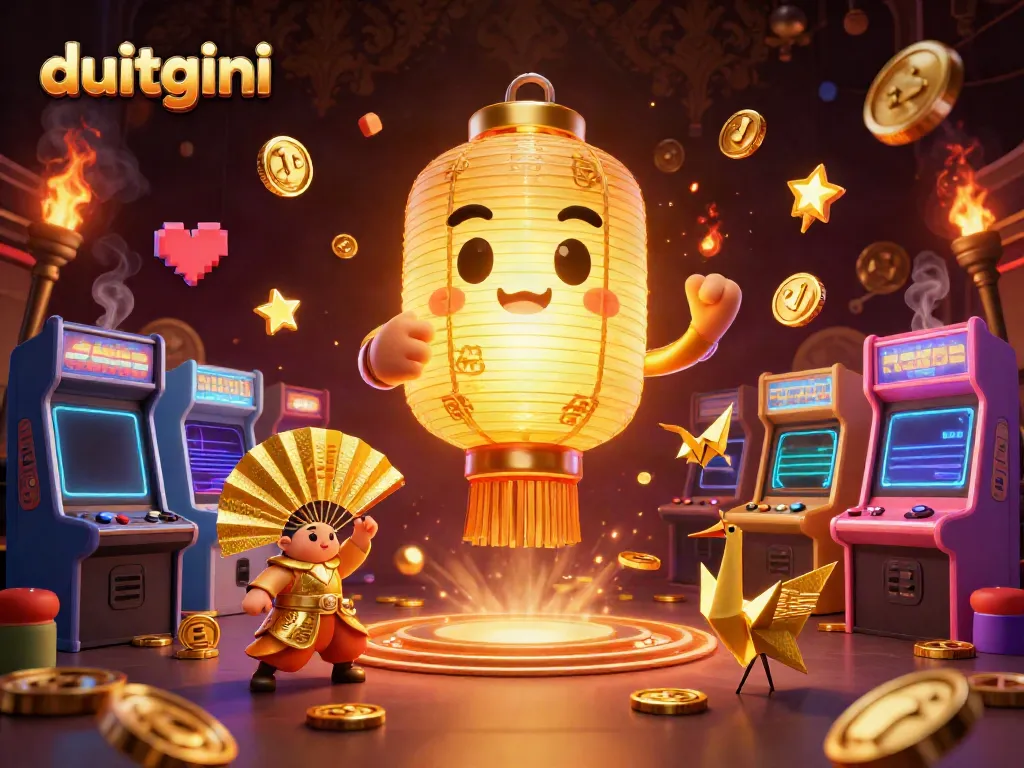 Duitgini's dynamic casino experience illustrated with a glowing lantern and golden companions in a vibrant setting.
