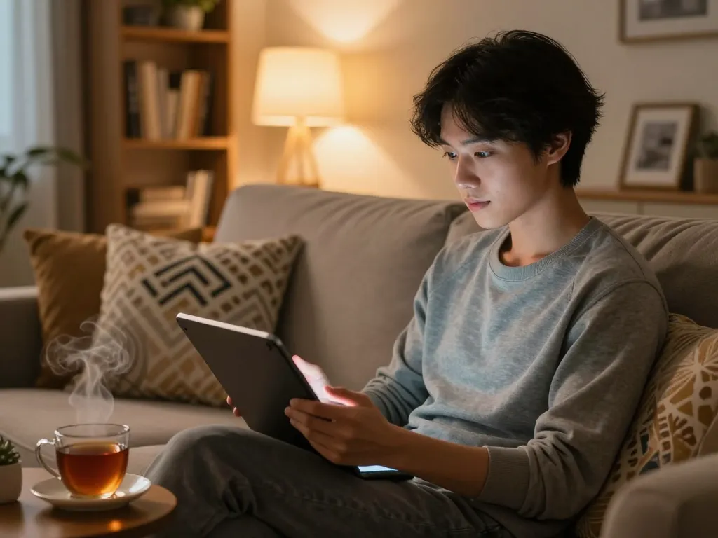 Engaging in AI sex chat on a tablet in a cozy living room setting, highlighting digital intimacy.