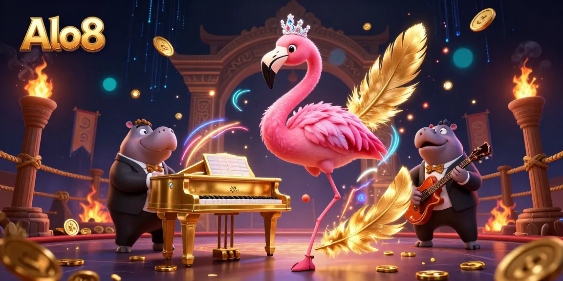 Alo8 features a vibrant casino scene with a flamingo singer and a hippo bassist, enhancing the online gambling experience.