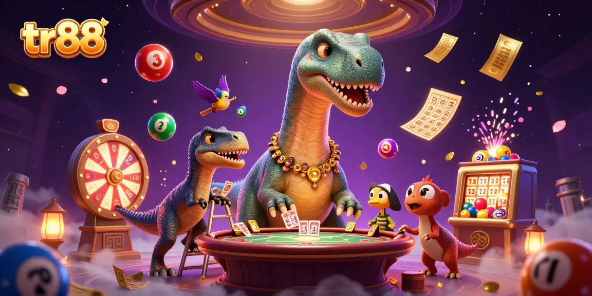 tr88 showcases a lively casino scene with a dinosaur dealer and vibrant game elements.