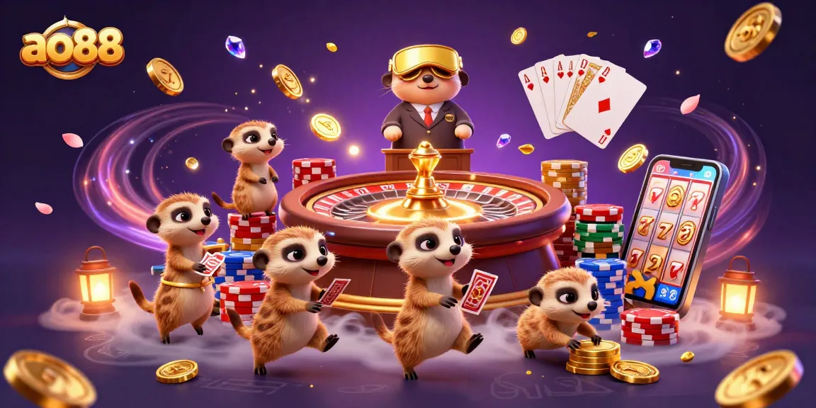 Experience the vibrant gambling excitement at ao88 with MeerKat Casino characters amidst cascading gold coins and a spinning roulette wheel.