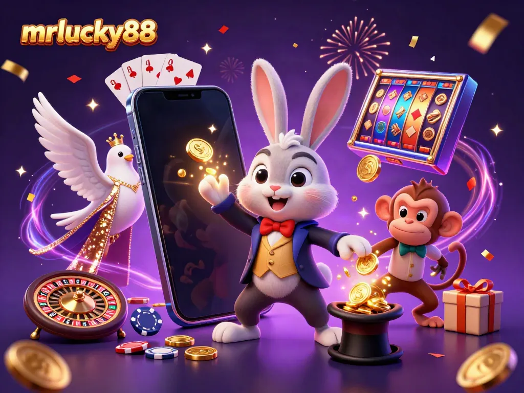 Experience magical gaming with mrlucky88: a rabbit, dove, and monkey amidst coins and slots!