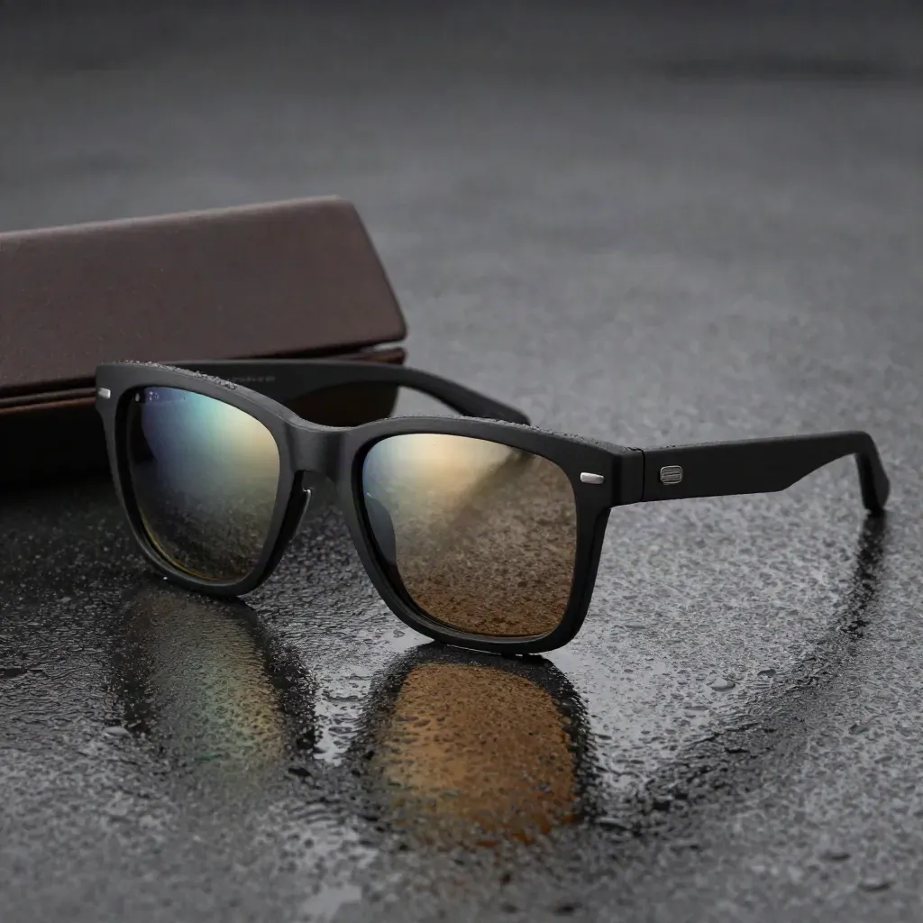 Cermin mata hitam polar hitam di permukaan basah dengan sarung dan kotak, pantulan aqua dramatik.
