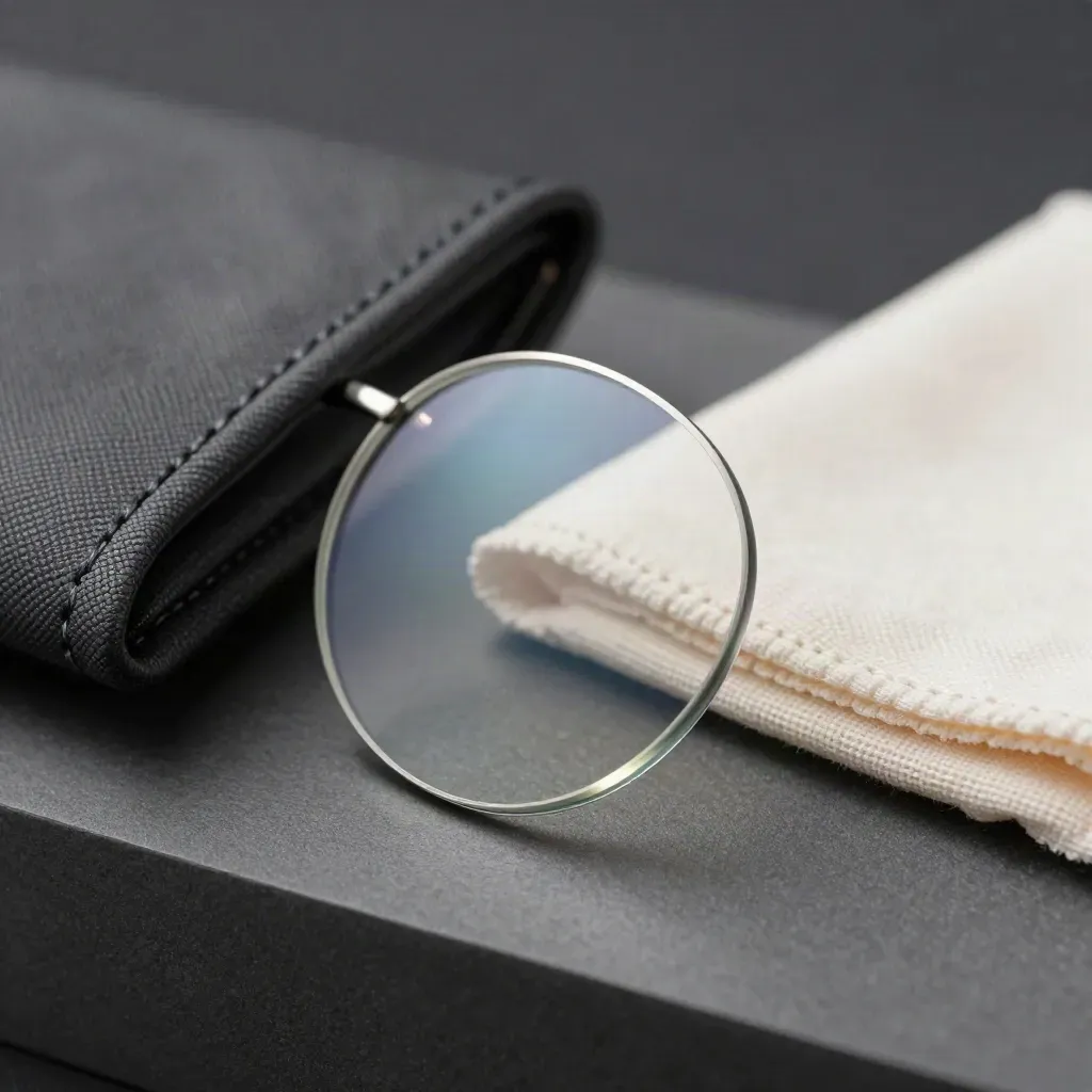 Kanta lensa anti silau, cincin sampel, kain mikrofiber dan kantung gelap atas latar arang.