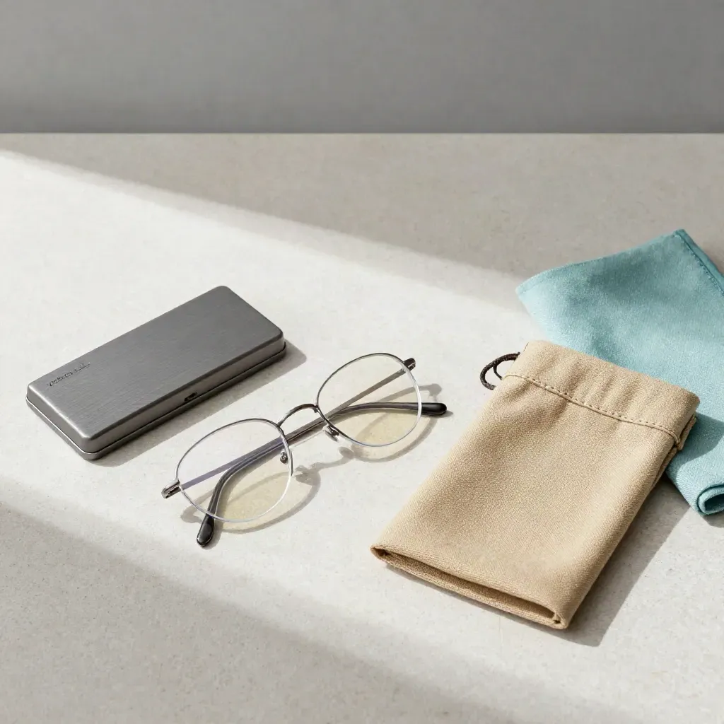 Flatlay kanta progresif, sarung, kain mikrofiber dan kad sampel di atas batu kelabu.