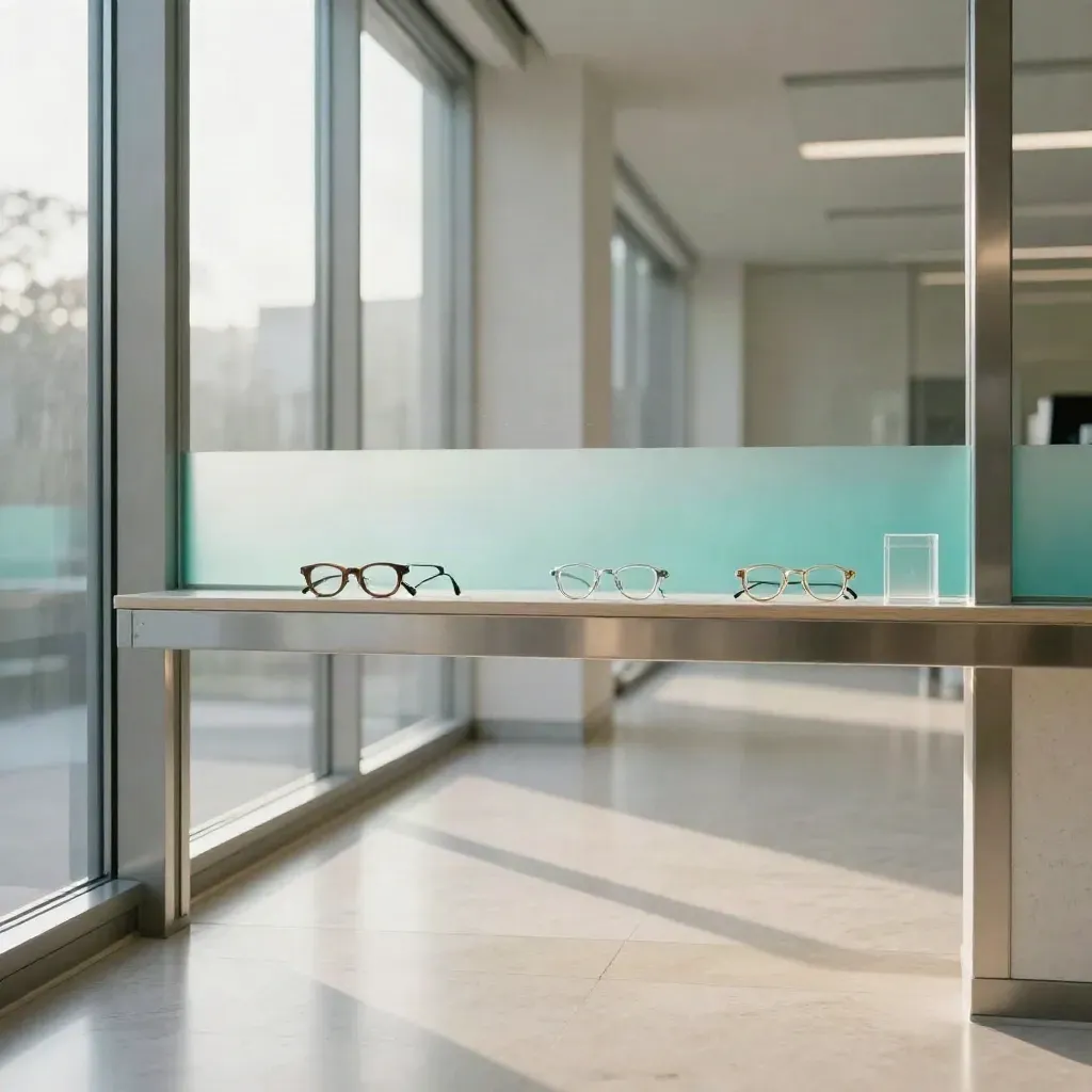 Lorong klinik optik berkaca kabur dengan lantai cerah dan pantulan aqua halus.