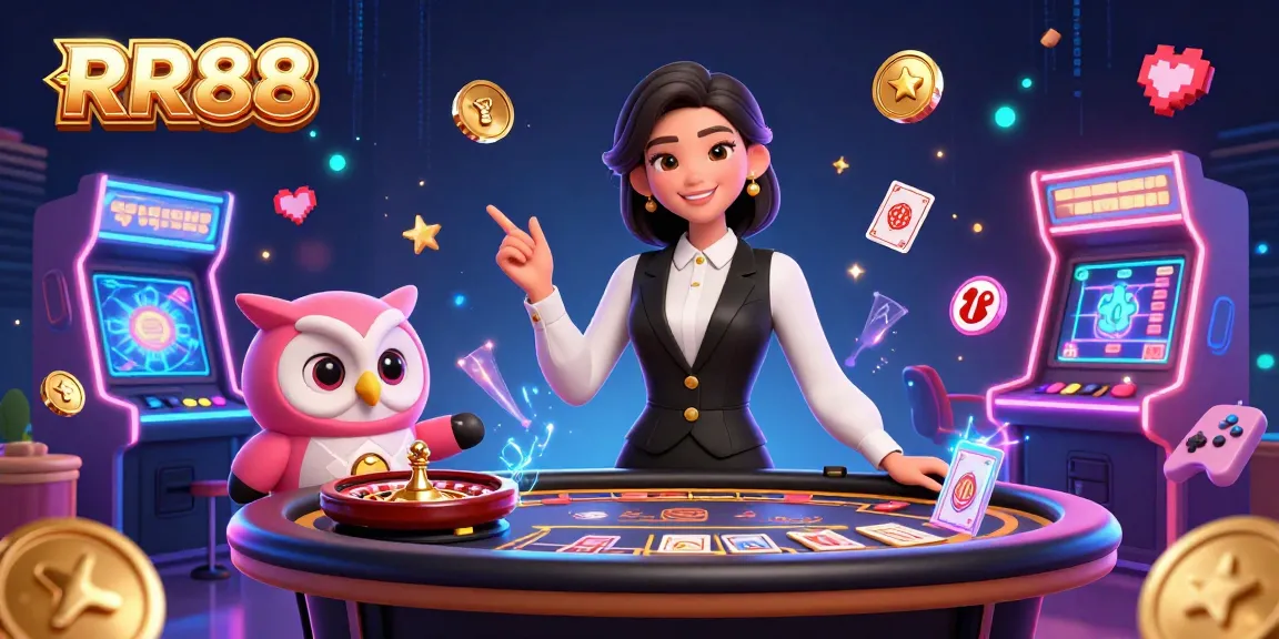 Spin and win exciting jackpots at RR88 with an engaging baccarat dealer and colorful arcade elements.