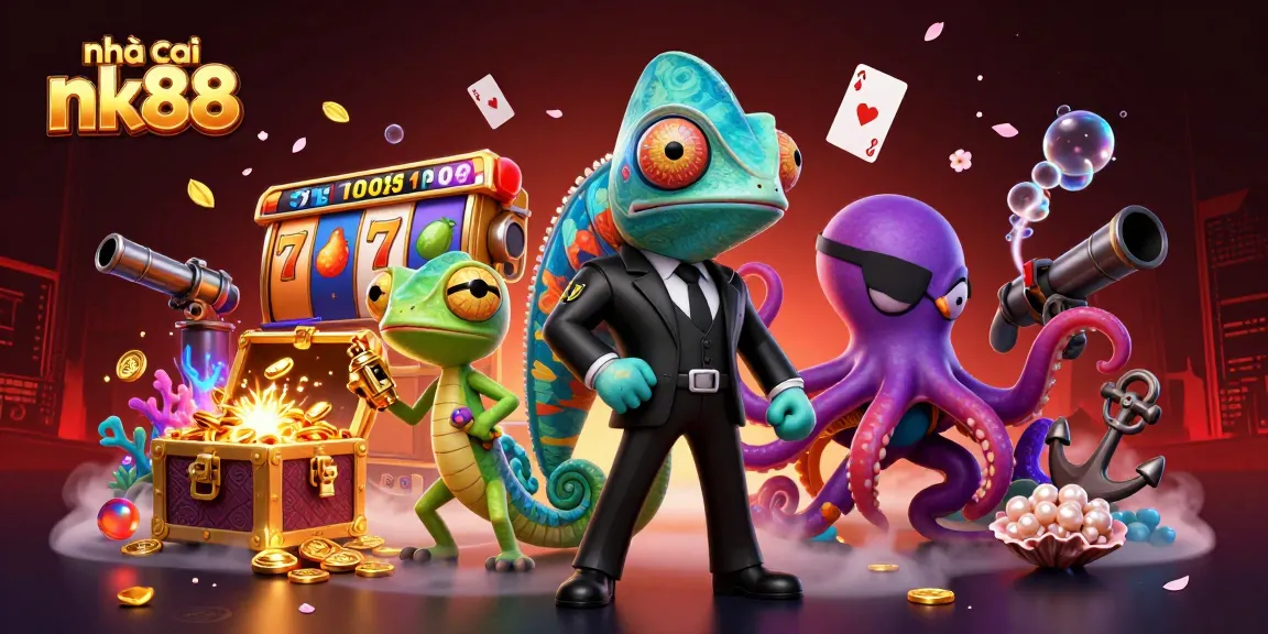 Experience the excitement at nhà cái nk88 with a thrilling game scene featuring slot reels and dynamic characters.