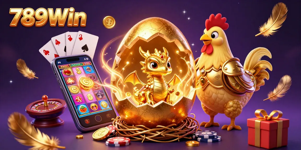 Experience 789Win thrills with a stunning 3D illustration of golden gaming elements and celebration.