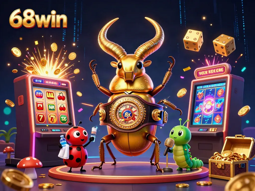 68win excitement with a cartoon beetle in a boxing belt, casino jackpot symbols exploding.