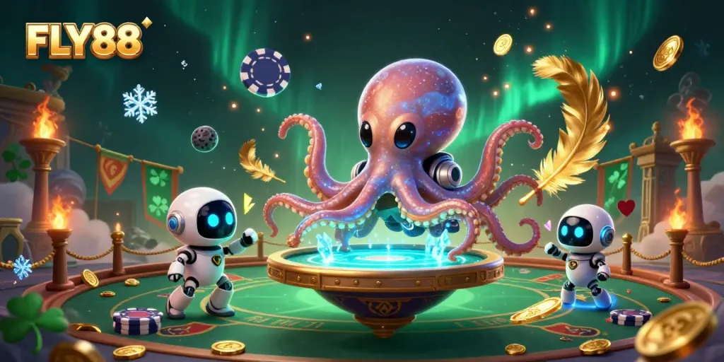 FLY88 showcases a vibrant casino scene with an alien octopus playing poker.
