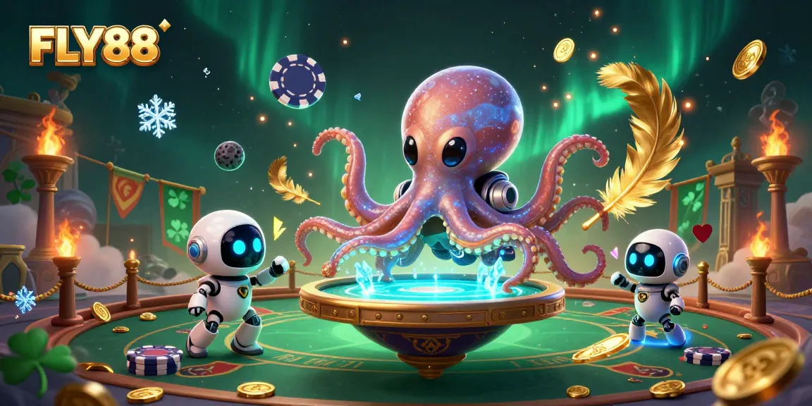 FLY88 showcases a vibrant casino scene with an alien octopus playing poker.
