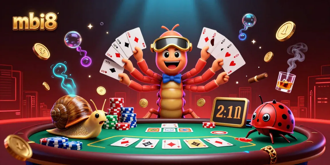 Experience the thrill at mbi8 casino with a vibrant scene of a cartoon dealer and high-roller snail in action.