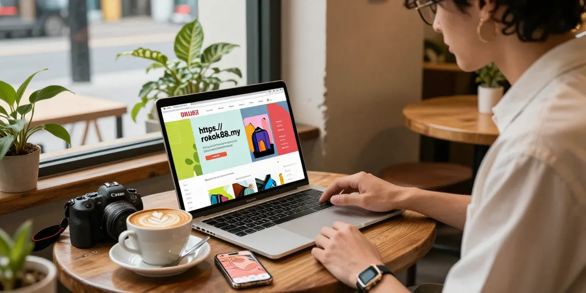 Shopping for trendy products on https://rokok88.my in a cozy urban café setting.