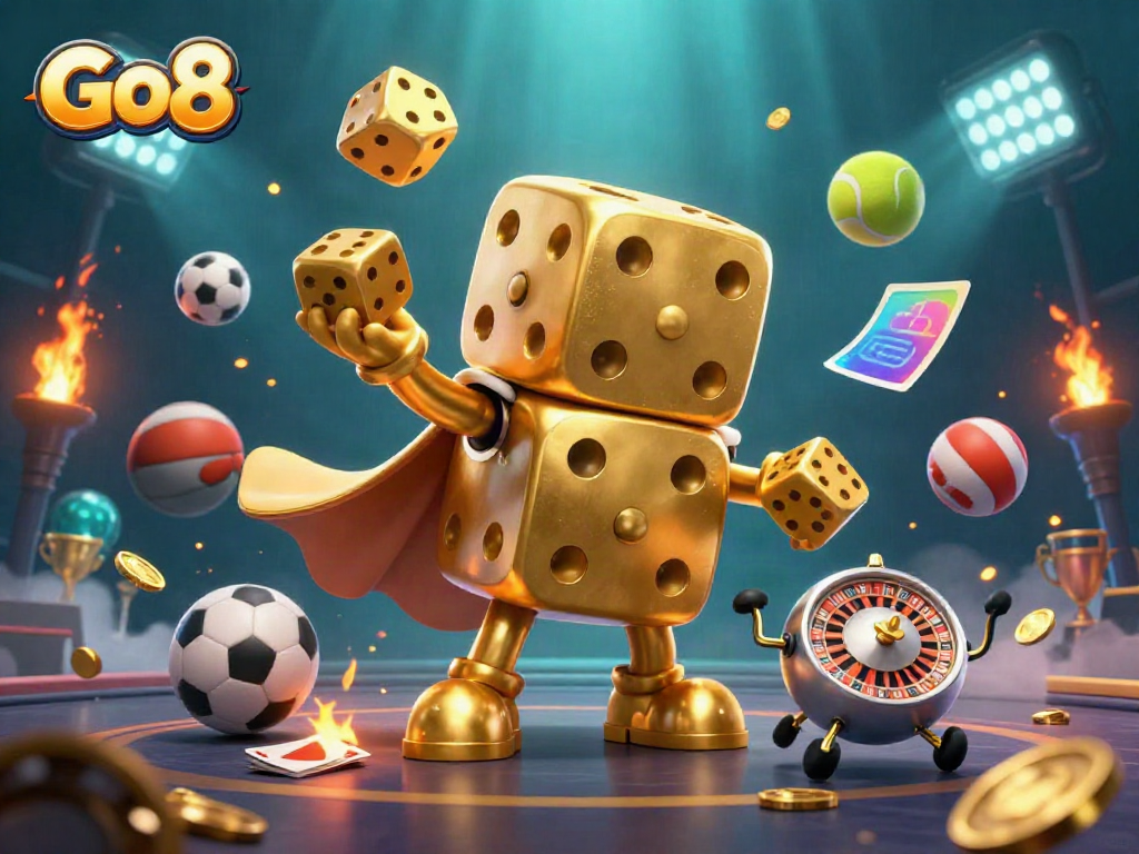 Experience thrilling gameplay with Go8 as a golden dice golem juggles wins in this exciting casino scene.