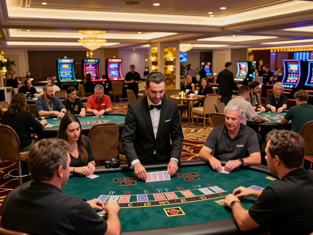 Players engage in strategic blackjack gameplay at RR88's luxurious casino setting.