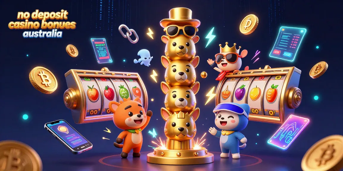 No deposit casino bonuses australia showcased with a vibrant 3D illustration of a golden totem pole, slot reels, and crypto coins.